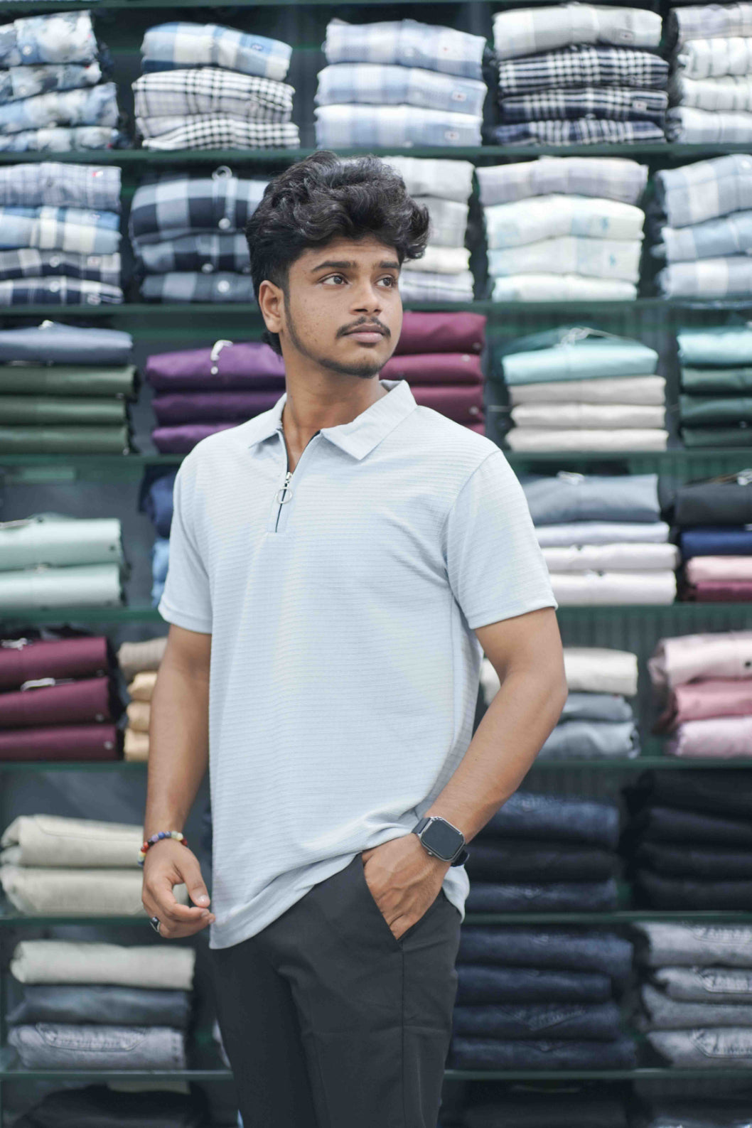 Men's Half Sleeve HORIZONTAL LINE Casual Wear Zipper Collar T-Shirt - Ash