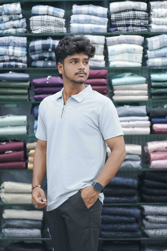 Men's Half Sleeve HORIZONTAL LINE  Casual Wear Zipper Collar T-Shirt - Ash