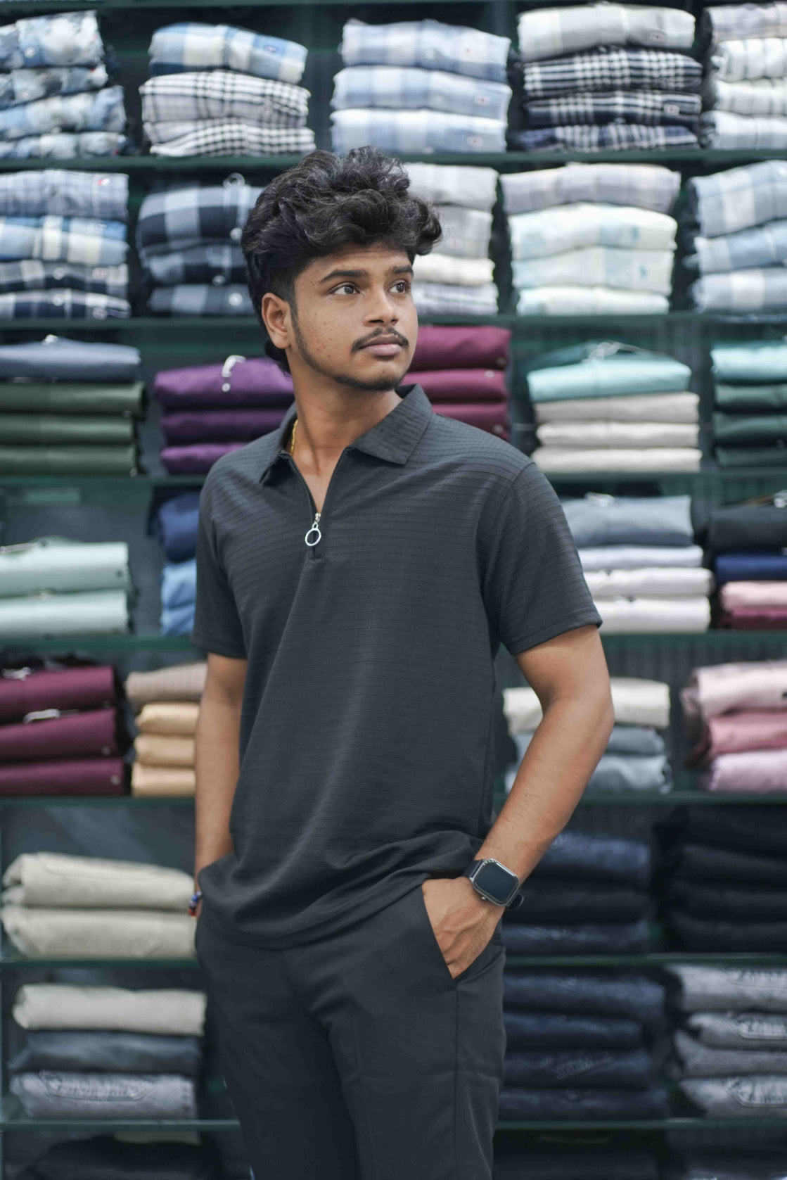 Men's Half Sleeve HORIZONTAL LINE  Casual Wear Zipper Collar T-Shirt - Black