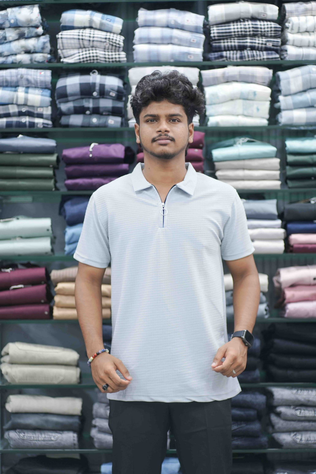 Men's Half Sleeve HORIZONTAL LINE  Casual Wear Zipper Collar T-Shirt - Ash