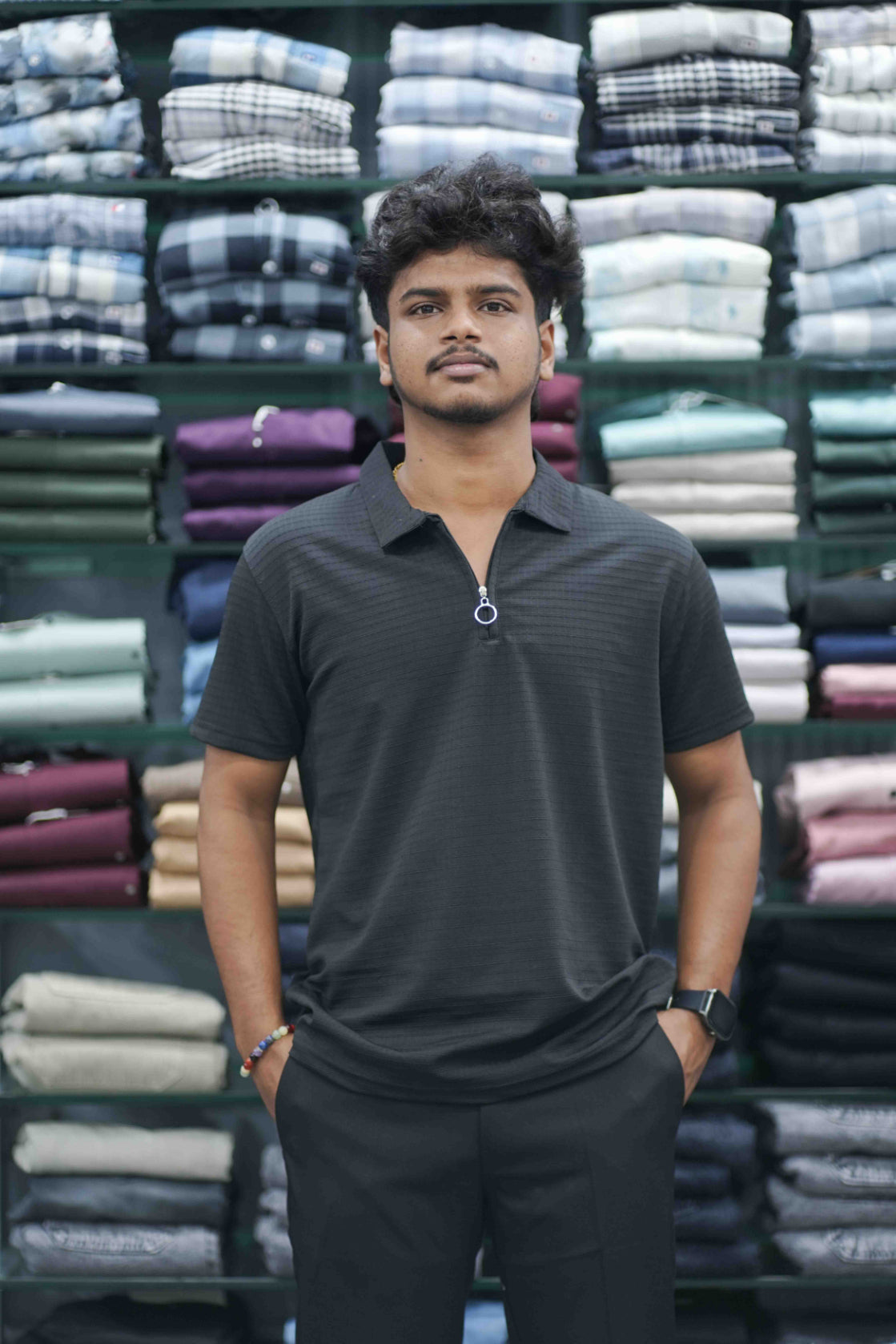 Men's Half Sleeve HORIZONTAL LINE  Casual Wear Zipper Collar T-Shirt - Black