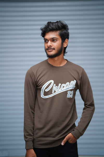 Men’s Printed Sweatshirt – Chicago Graphic Full Sleeve Casual Streetwear - Brown