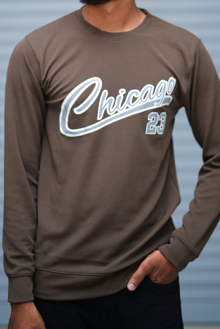 Men’s Printed Sweatshirt – Chicago Graphic Full Sleeve Casual Streetwear - Brown