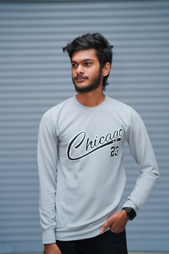 Men’s Printed Sweatshirt – Chicago Graphic Full Sleeve Casual Streetwear - Ash