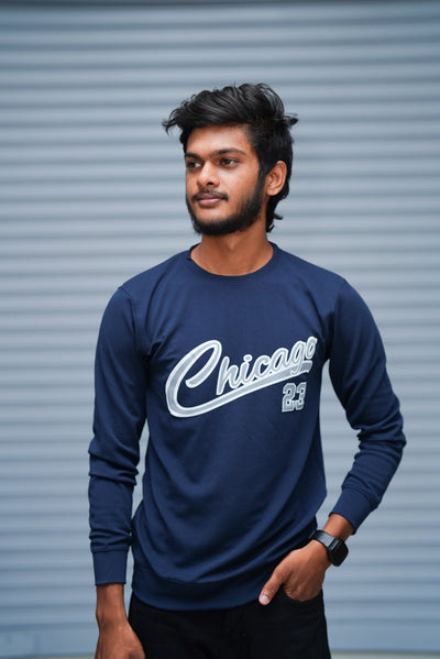 Men’s Printed Sweatshirt – Chicago Graphic Full Sleeve Casual Streetwear - Navy Blue